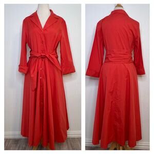 J. Peterman Long Sleeve 1947 Dress Size 12 Coral Red Cotton Flare Fit Retro